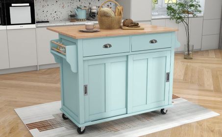 Kitchen Cart with Rubber-Wood Drop-Leaf Countertop, Concealed Sliding Barn Door