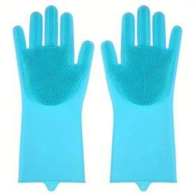 1pair Silicone Dishwashing Gloves with Scrubbing Fingers (Color: Sky Blue, Material: Silica Gel)