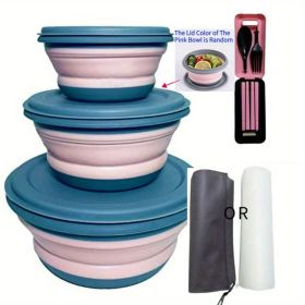 3pcs/set Silicone Collapsible Bowl With Lids (Color: Pink)