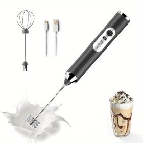 1 Set Handheld USB-Rechargeable Milk Frother With 2pcs Stainless Whisk Heads (Color: Black)